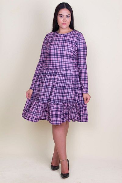 Şans Women's Large Size Lilac Plaid Patterned Dress with Elastic Waist and Flounce at the Hem 65n18211