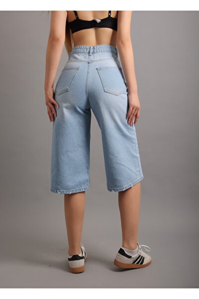AREF JEANS Mavi Bol Kesim Rahat Jean Kot Salaş Kadın Diz Altı Şort