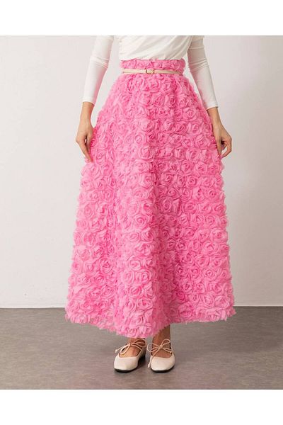 POLANGEL Women's Cream 3D Rose Special Design Long Skirt