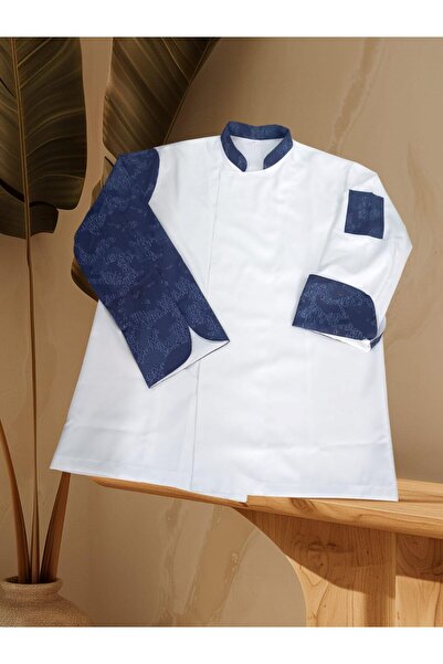 PERSONELİTY Erkek Chef Aşçı Ceketi Tropikal Desenli Kol Detaylı Beyaz