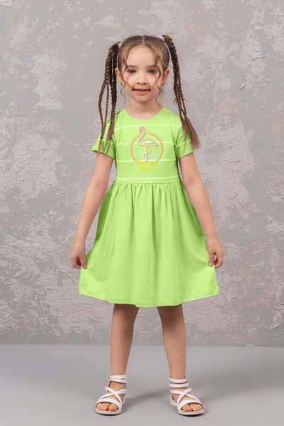 wakawakakidsstore Flamingo Printed Lemon Green Girl's Dress - Green