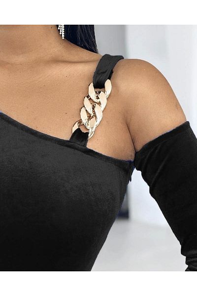 Cbm Women's Long Sleeve One Shoulder Open Buckle Fake Sleeve Detail Short Velvet Dress