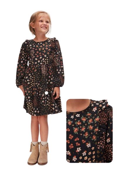 wakawakakidsstore Floral Printed Shoulder Ruffle Detailed Girl's Dress
