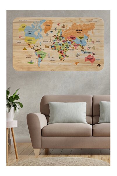 Findify Store ملصق حائط خريطة العالم التعليمية التركية ذات المظهر الخشبي -60x...