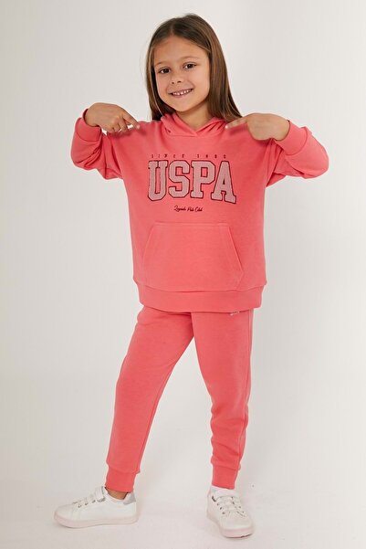 wakawakakidsstore Uspa Front Mesh Embroidered Hooded Girls' Tracksuit Set
