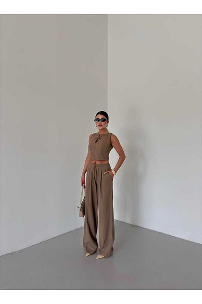 butik derin Linen Shirt Jacket Pants Women's Set Stone