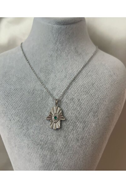 Goche Bijuteri Yeşil zirkon taşlı çelik kolye (Fatma ana eli model)