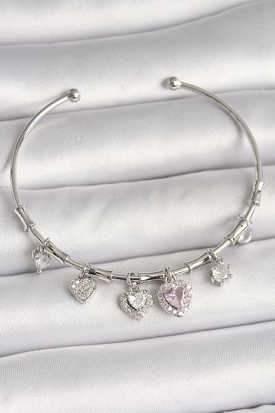 Skygo Brass Silver Color Hanging Pink Zircon Stone Heart Model Charm Women's Bracelet - Tj-Bb6929