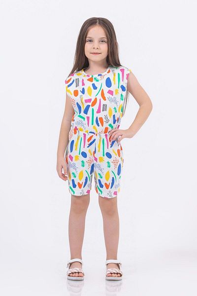 wakawakakidsstore Abstract Patterned White Girl's Short Jumpsuit - Ecru
