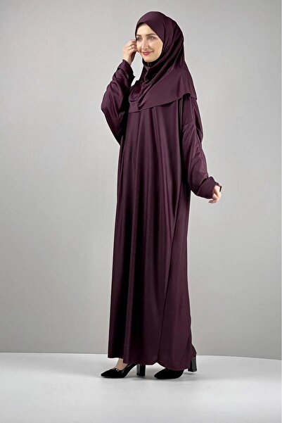 Defkay Tek Parça Boydan Giymeli Başörtülü Kadın Namaz Elbisesi Mor