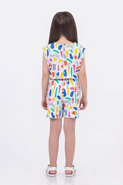 wakawakakidsstore Abstract Patterned White Girl's Short Jumpsuit - Ecru