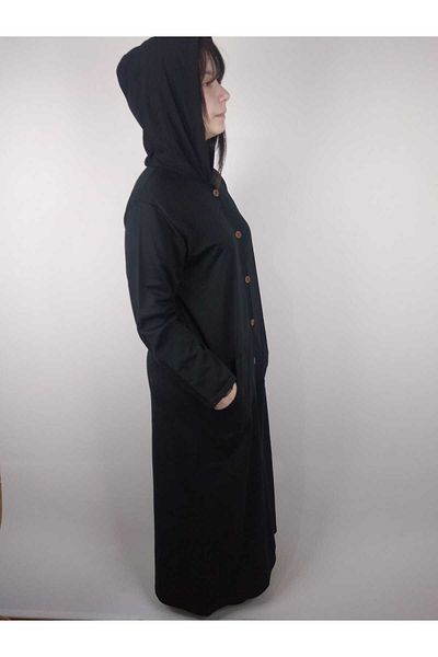 YAŞAR TRİKO Women's Black Buttoned Hooded Long Sleeve Double Pocket Long Seasonal Cap Overcoat
