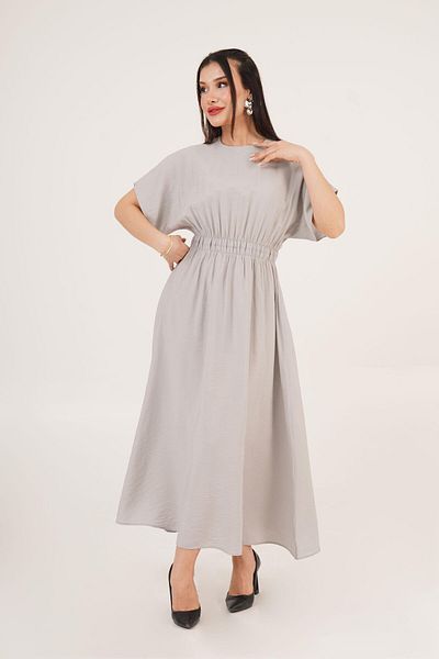 Hipo Trend A-Line Short Sleeve Gray Long Dress with Elastic Waist