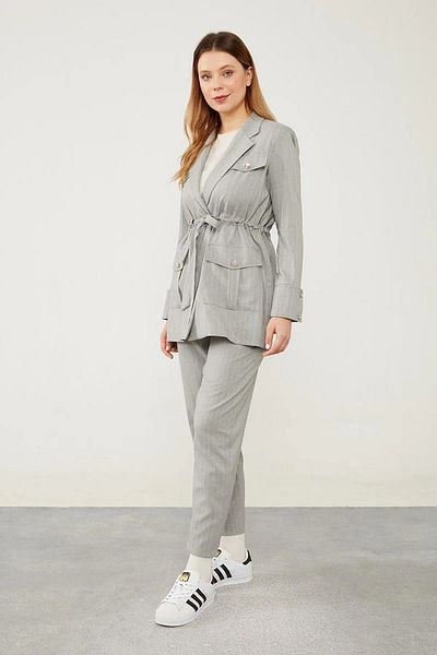 Levidor Gray Striped Belt Closure Suit