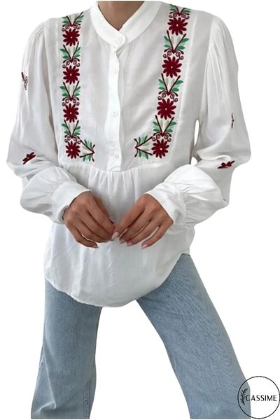 Cassime Women's Floral Embroidery Embroidered Long Balloon Sleeve Ethnic Cotton Blouse S-M-L