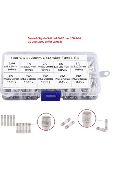 Genel Markalar Seramik Sigorta Seti Hızlı 5x20 mm 100 Adet 10 Çeşit 250v Şeff...