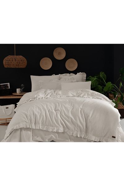 Majoli Bahar Home Collection Lenjerie de pat cu volanase,100% bumbac yarn dyed, 144 TC, 4 piese, Alba, Milagros Dove