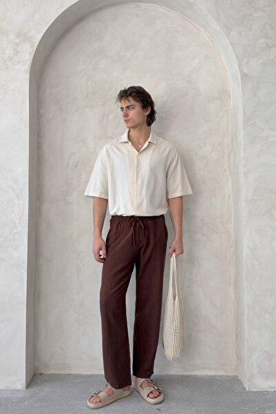 HYMAN Men's Elastic Waist Baggy Fit Linen Trousers