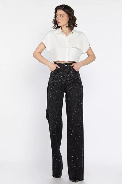 GÜLSELİ Black Women's Stone Embroidered Cut-Out Leg Jean Jeans