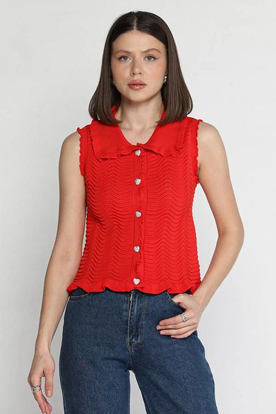 GÜLSELİ Red Women's Baby Collar Wave Patterned Knitwear Vest