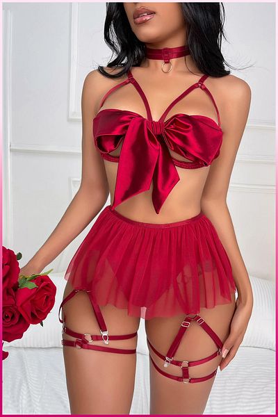 melonika Red Satin Bow Detailed Special Design Underwear Set
