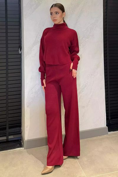 GÜLSELİ Claret Red Crop Sweater Trousers Knitwear Double Set