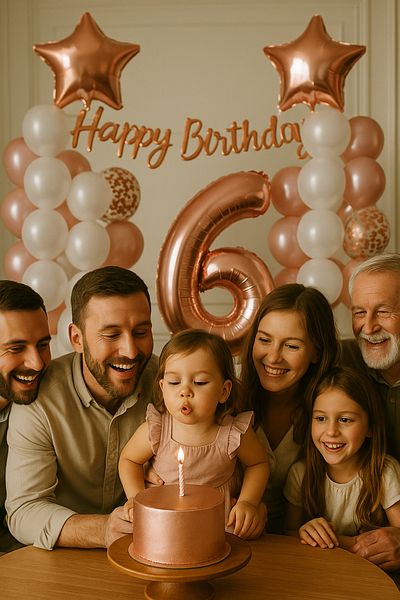 hediyeofisi Rose Gold Concept 6 Year Old Birthday Set Number and Star Foil Balloon Banner and 24 Balloons and Stamps