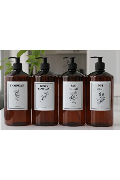 Dem Home Amber Cam Görünümlü Plastik Banyo 4lü Şampuan-duş Jeli-saç Kremi-bebek Şampuan Şişe Seti 1 Litre