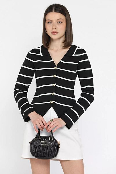 GÜLSELİ Black Women's Stripe Patterned Bow Button Detailed Knitwear Cardigan