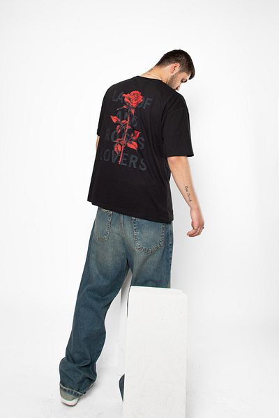 Sekizbiraltı Roses Lovers Printed Oversize Unisex Μαύρο Tshirt