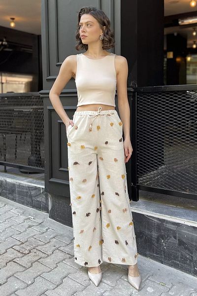 GÜLSELİ Stone Mustard Women's High Waist Tassel Detailed Palazzo Linen Trousers
