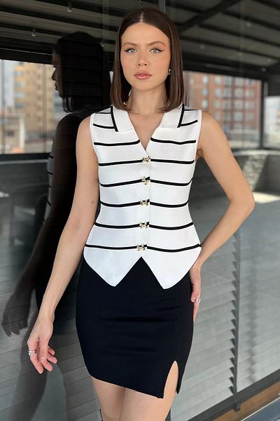 GÜLSELİ Cream Women's Bow Buttoned Stripe Patterned Knitwear Vest