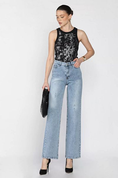 GÜLSELİ Pantaloni largi din denim pentru femei Ice Blue