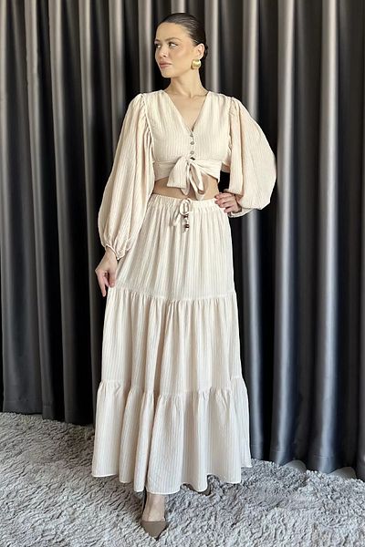 GÜLSELİ Stone Women's Balloon Sleeve Front Tie Blouse Skirt Double Set