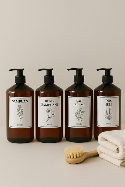 Dem Home Amber Cam Görünümlü Plastik Banyo 4lü Şampuan-duş Jeli-saç Kremi-bebek Şampuan Şişe Seti 1 Litre