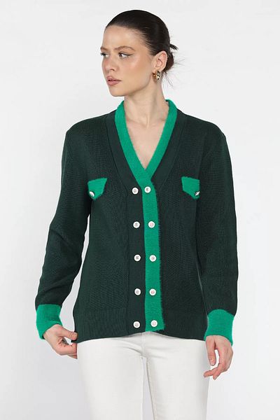 GÜLSELİ Emerald Green Double Breasted Collar Button Detailed Women's Knitwear Cardigan