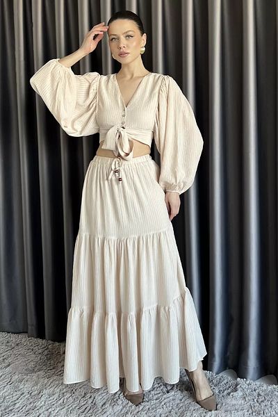 GÜLSELİ Stone Women's Balloon Sleeve Front Tie Blouse Skirt Double Set