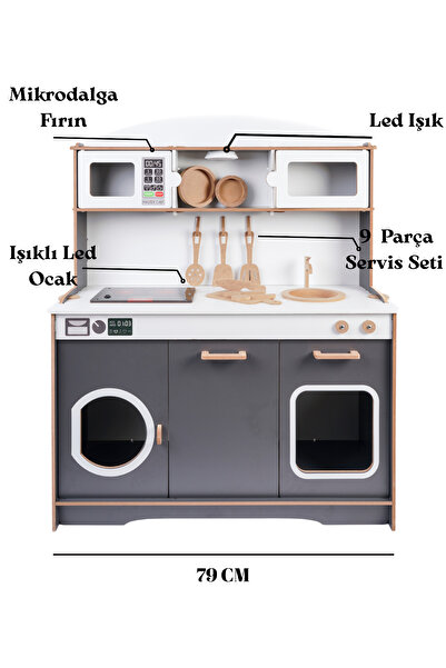 HOBBY HOUSE Antrasit Led Ocaklı Işıklı Ahşap Mutfak Seti