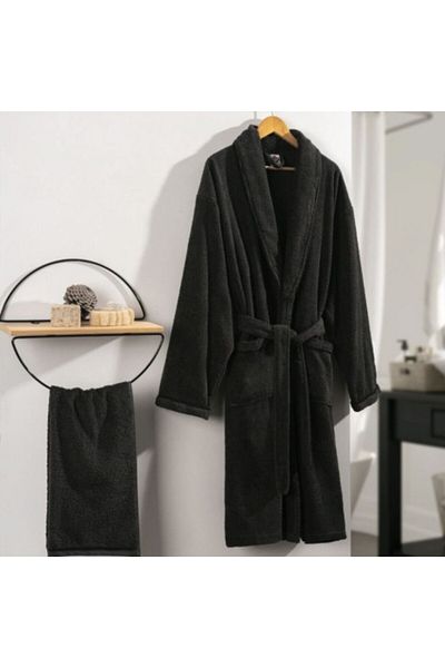 Cotton Box Set Bathrobe Size XL and Towel 50x90cm, 100% Cotton, Cotton Box, Deluxe Anthracite