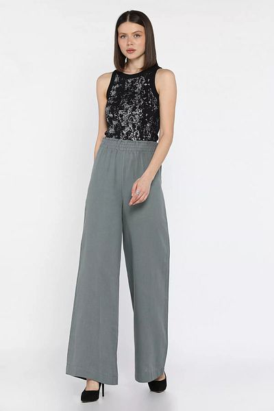 GÜLSELİ Dark Gray Women's Elastic Waist High Waist Wide Leg Palazzo Trousers