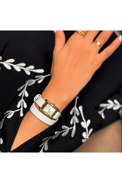 catera Caterra Women's Watch, Leather, Double Strap, White Strap, Gold Frame
