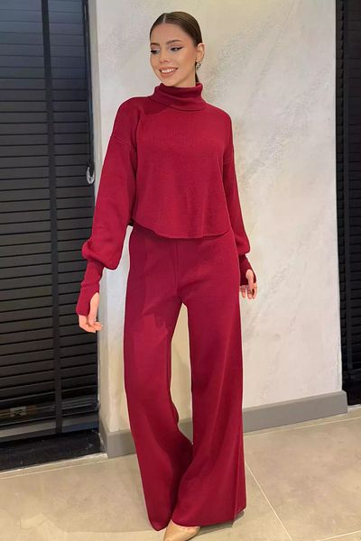 GÜLSELİ Claret Red Crop Sweater Trousers Knitwear Double Set