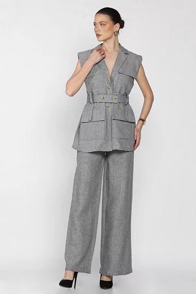 GÜLSELİ Dark Gray Women's Waist Belted Vest Trousers Double Set