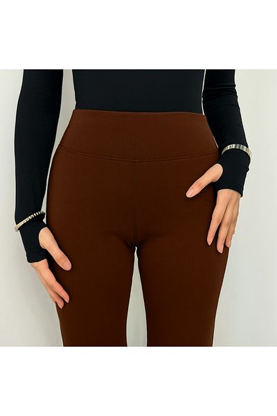 RuyaMood Women's Brown Brand Equivalent Combed Cotton Knitted Lycra Stretchy Flared Leggings