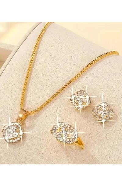BirYıldızOl Zircon Stone Necklace Cz Earrings Cz Ring Gold Design Women's Jewelry Set