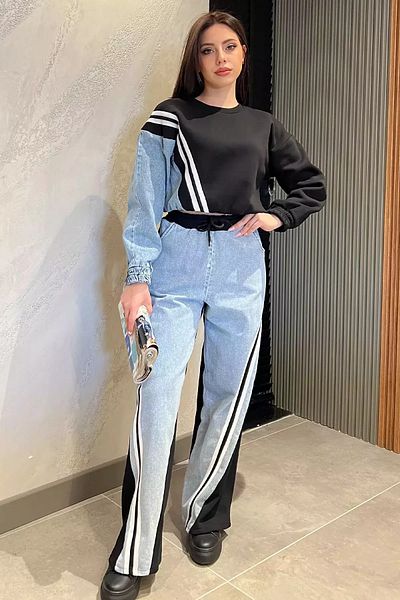 GÜLSELİ Black Women's Denim Garnished Rose Gold Sweat Pants Double Set