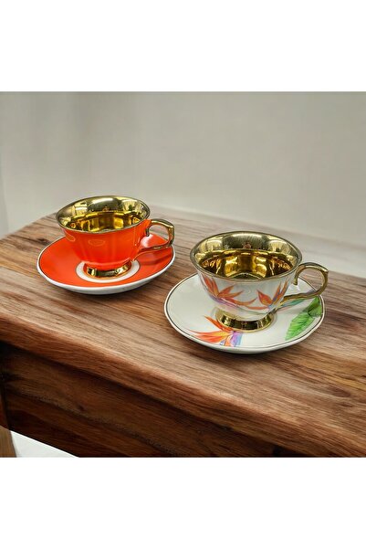 YzHome 2 Kişilik Yaldızlı Renkli Porselen Kahve Fincan Takımı Seti 90ml