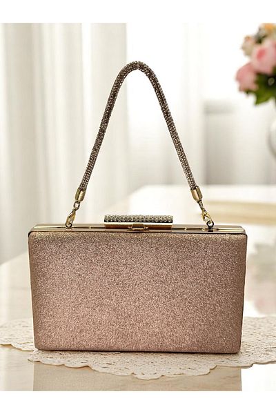 Biçanta Rosegold Color Glitter Non-Spill Imported Sandstone Stone Handle Women's Evening Dress Bag Wedding Engagement Graduation
