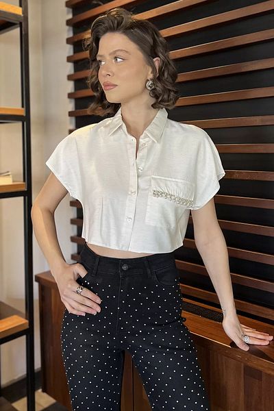 GÜLSELİ Cămașă de in brodat cu piatră, cu mânecă japoneză, crem
