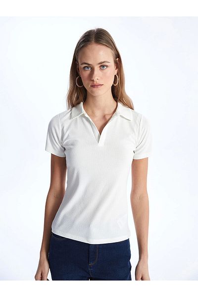 LC Waikiki Γυναικείο μπλουζάκι LCWAIKIKI Basic Ecru Polo γιακά με μονόχρωμο κοντομάνικο